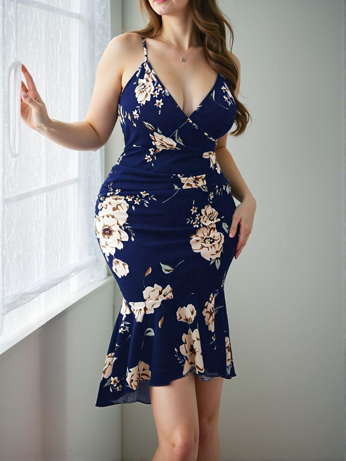 Elegant Navy Blue Floral Print Fitted Mermaid Dress for Summer – Chic, Classy and Trendy Fashion Style to Dress to Impress - Image 3