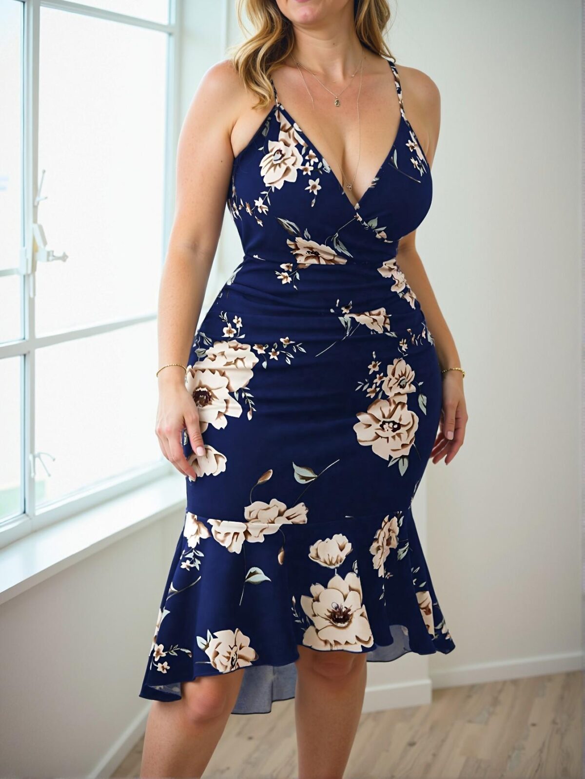 Elegant Navy Blue Floral Print Fitted Mermaid Dress for Summer – Chic, Classy and Trendy Fashion Style to Dress to Impress - Image 4