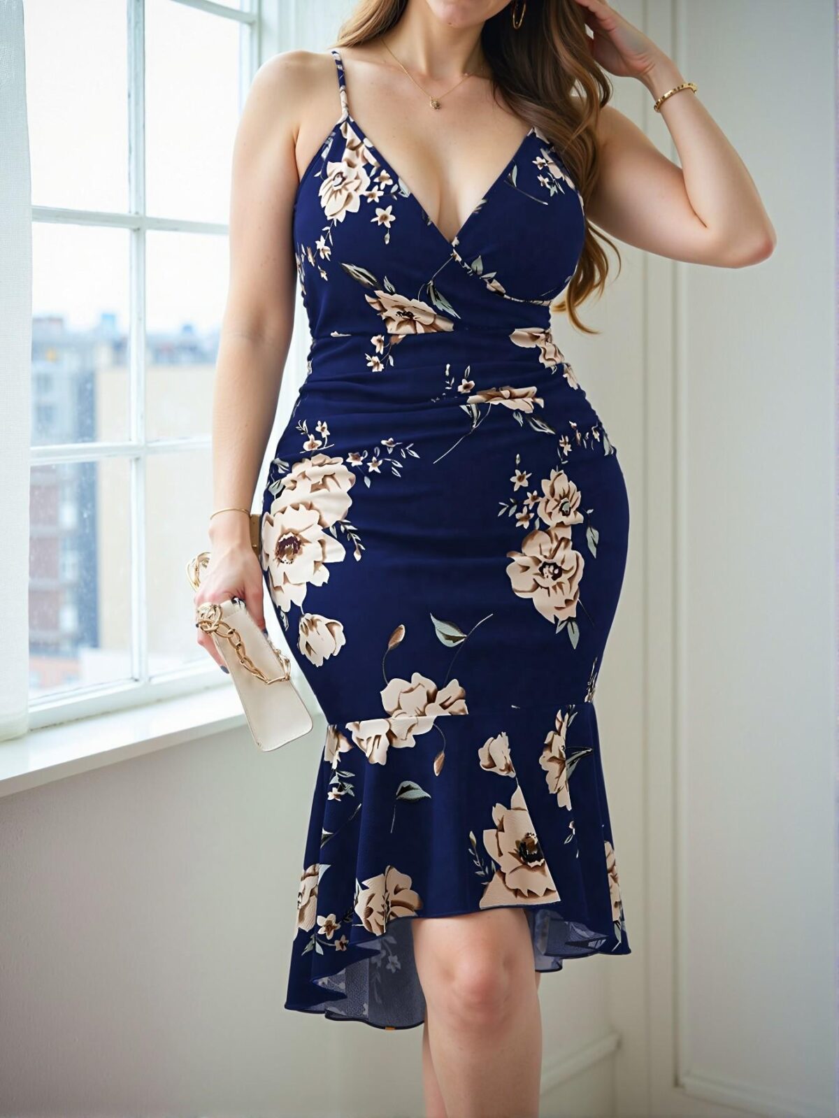 Elegant Navy Blue Floral Print Fitted Mermaid Dress for Summer – Chic, Classy and Trendy Fashion Style to Dress to Impress - Image 5