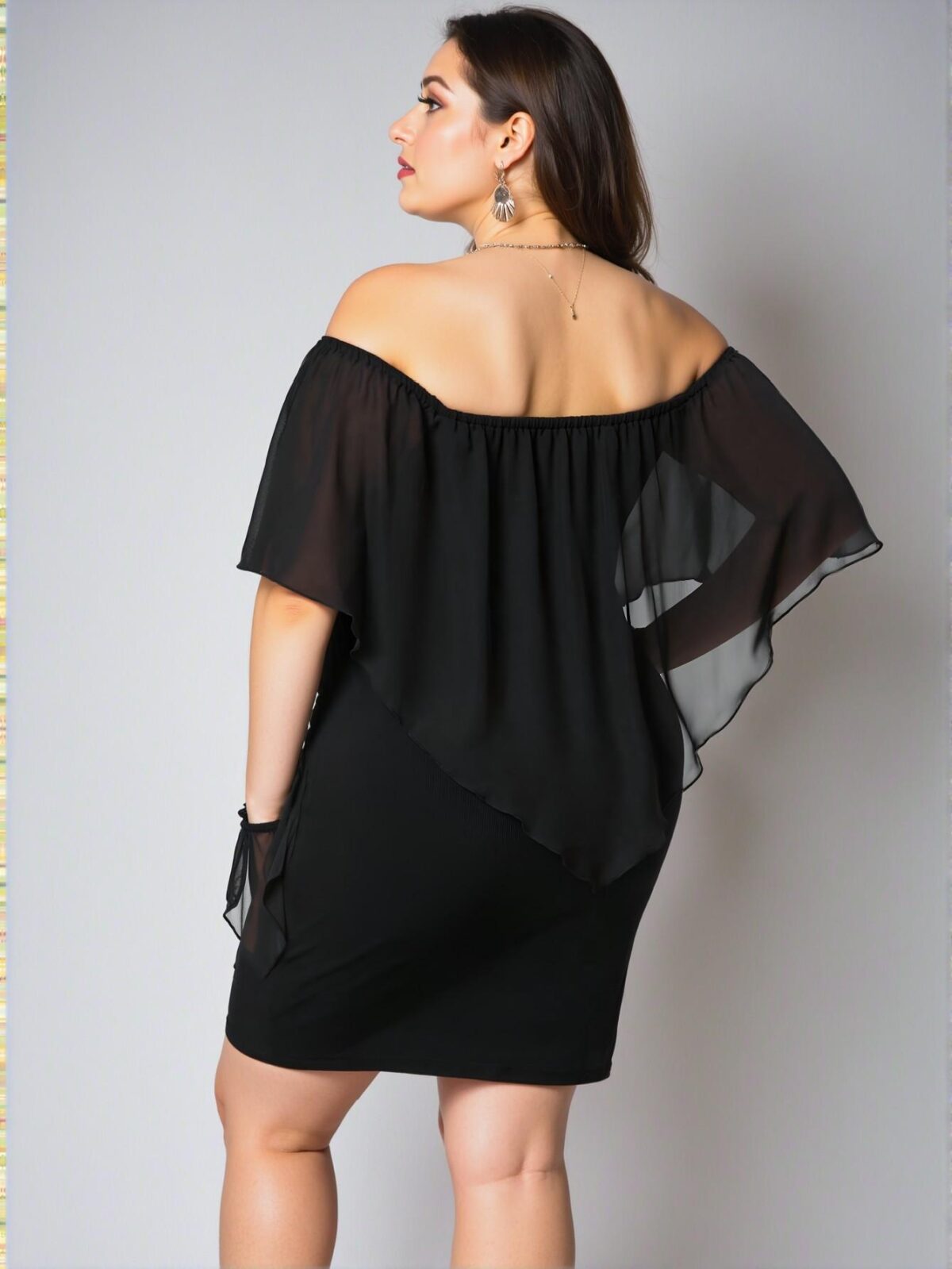 Elegant Black Off Shoulder Bodycon Dress with Exaggerated Ruffles, Chic, Classy and Trendy Fashion Style to Dress to Impress - Image 2