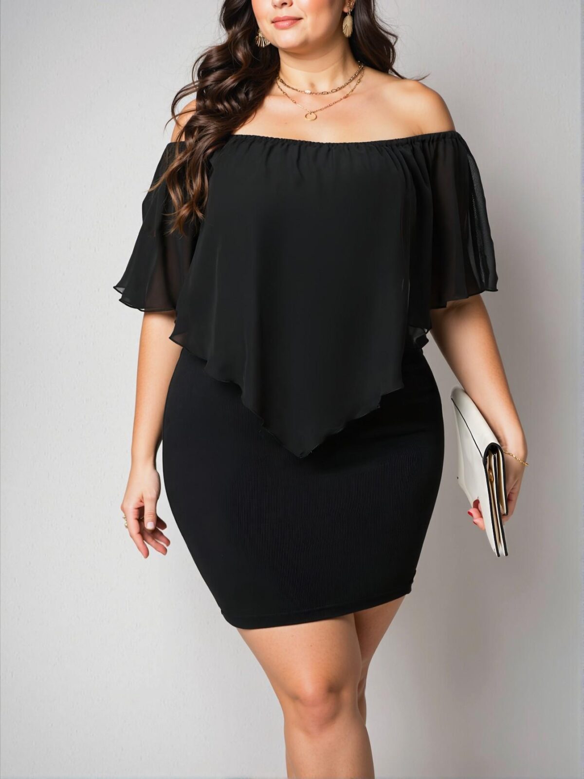 Elegant Black Off Shoulder Bodycon Dress with Exaggerated Ruffles, Chic, Classy and Trendy Fashion Style to Dress to Impress - Image 3