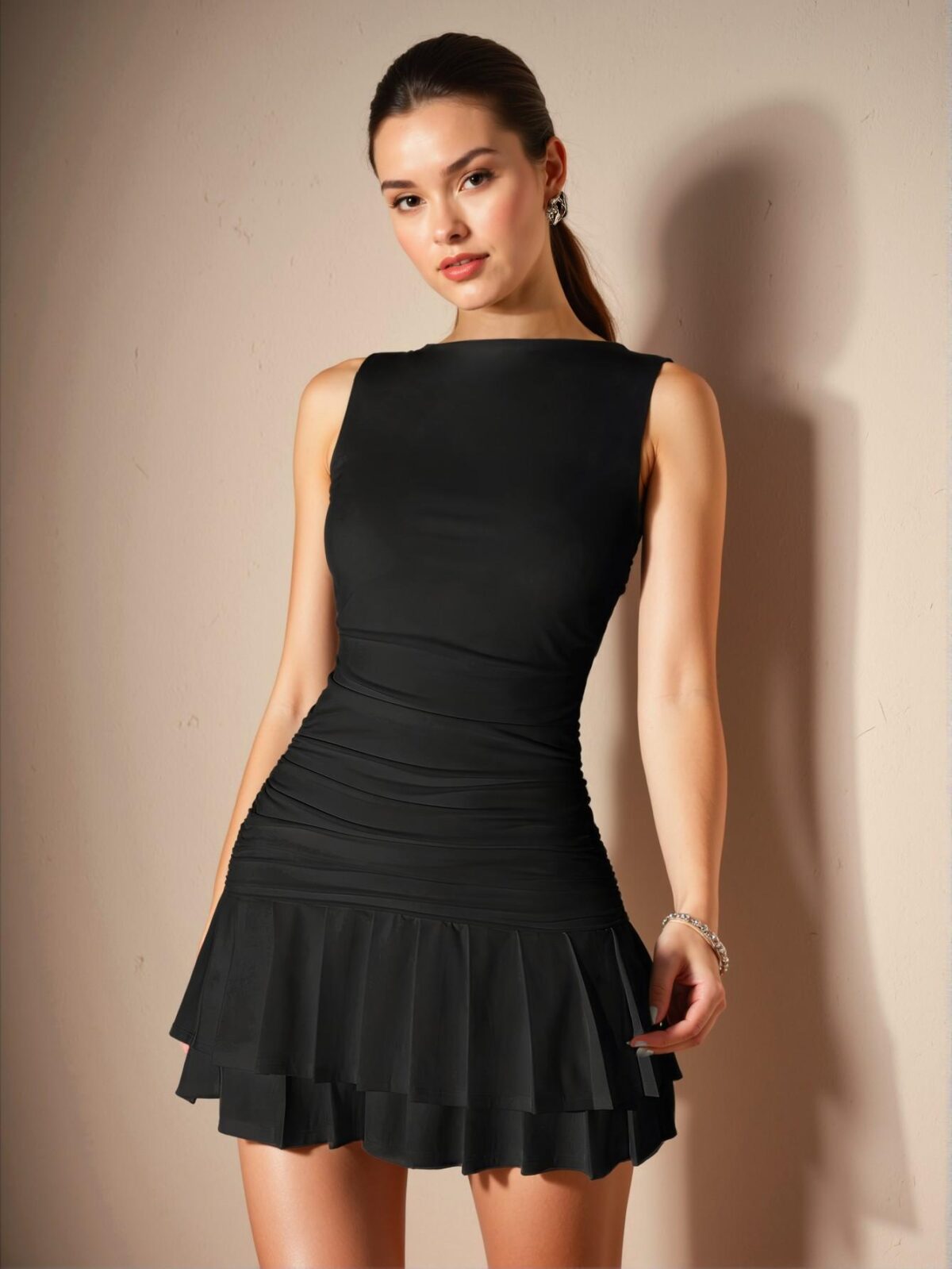 Elegant Black Layered Ruched Mini Slip Dress for Spring and Summer - Chic, Classy and Trendy Fashion Style to Dress to Impress - Image 3