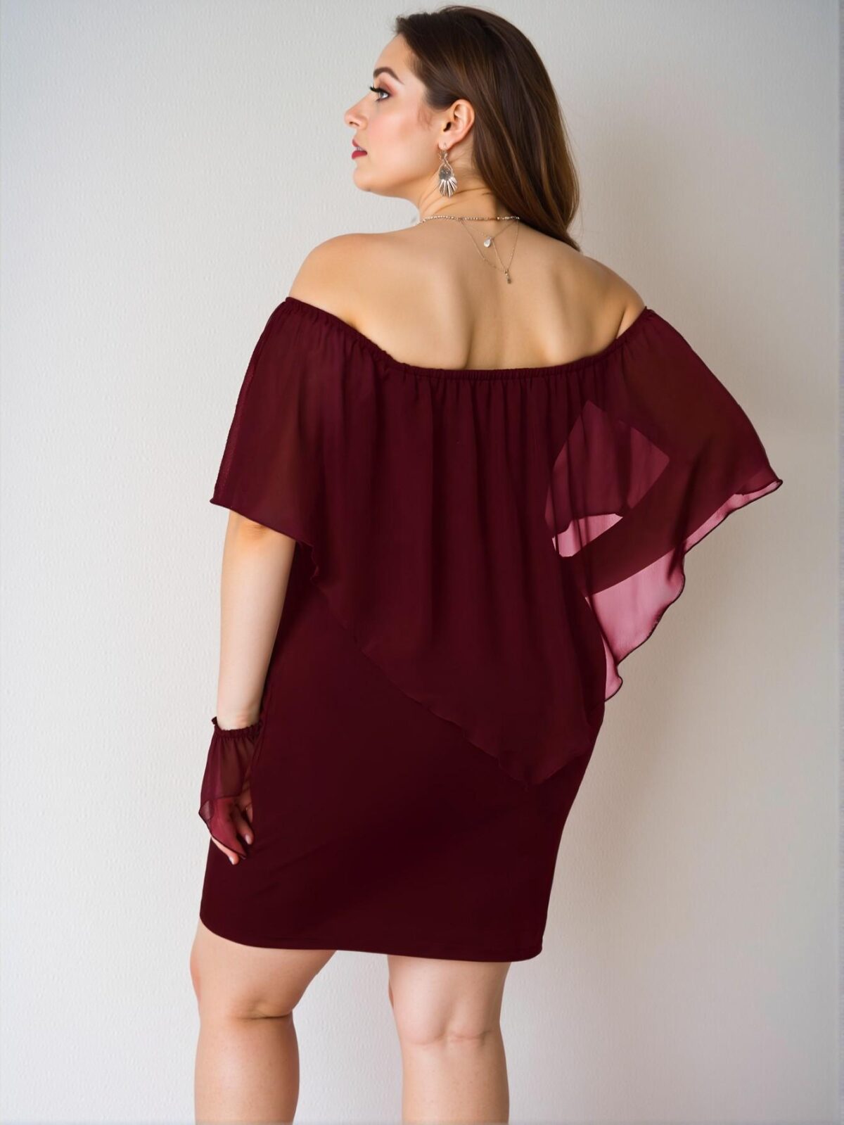 Elegant Burgundy Off-Shoulder Bodycon Dress with Flounce Sleeves for a Chic, Classy and Trendy Fashion Style to Dress to Impress - Image 2