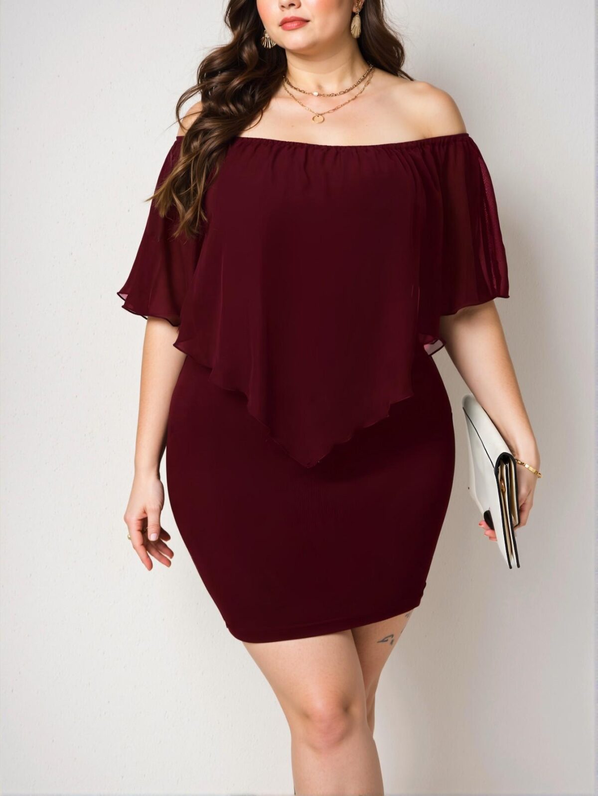 Elegant Burgundy Off-Shoulder Bodycon Dress with Flounce Sleeves for a Chic, Classy and Trendy Fashion Style to Dress to Impress - Image 3