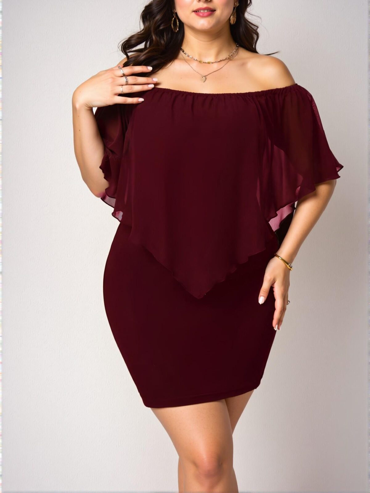 Elegant Burgundy Off-Shoulder Bodycon Dress with Flounce Sleeves for a Chic, Classy and Trendy Fashion Style to Dress to Impress - Image 5
