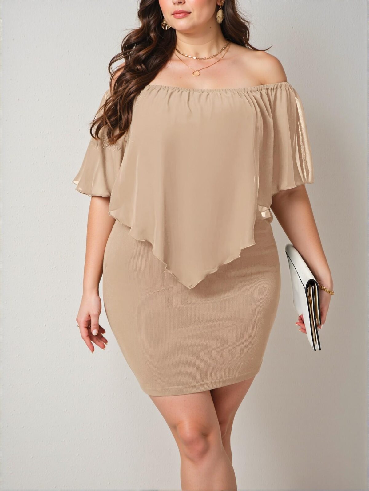 Elegant Khaki Off-Shoulder Bodycon Dress, Stylish and Trendy for Everyday Wear - Chic, Classy, and Trendy Fashion Style to Dress to Impress - Image 3