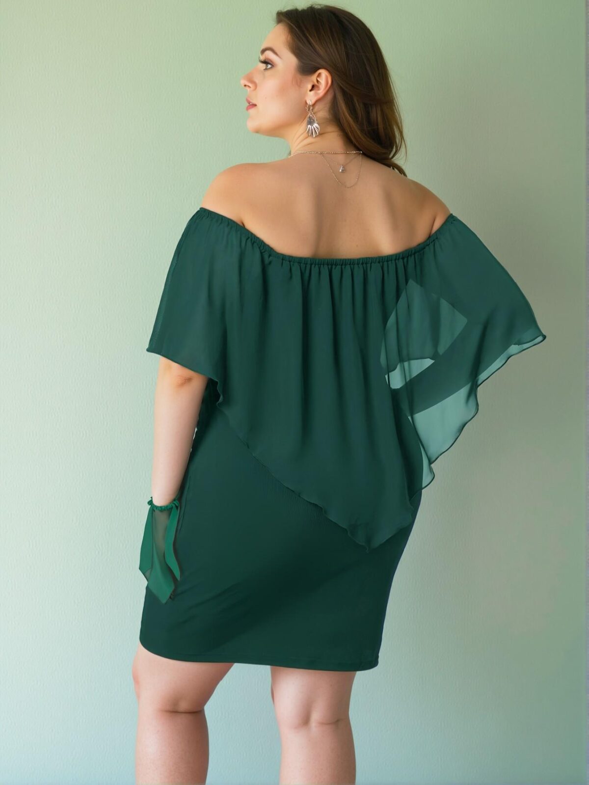 Elegant Dark Green Off-Shoulder Bodycon Dress with Ruffles and Zipper – Chic, Classy and Trendy Fashion Style to Dress to Impress - Image 2