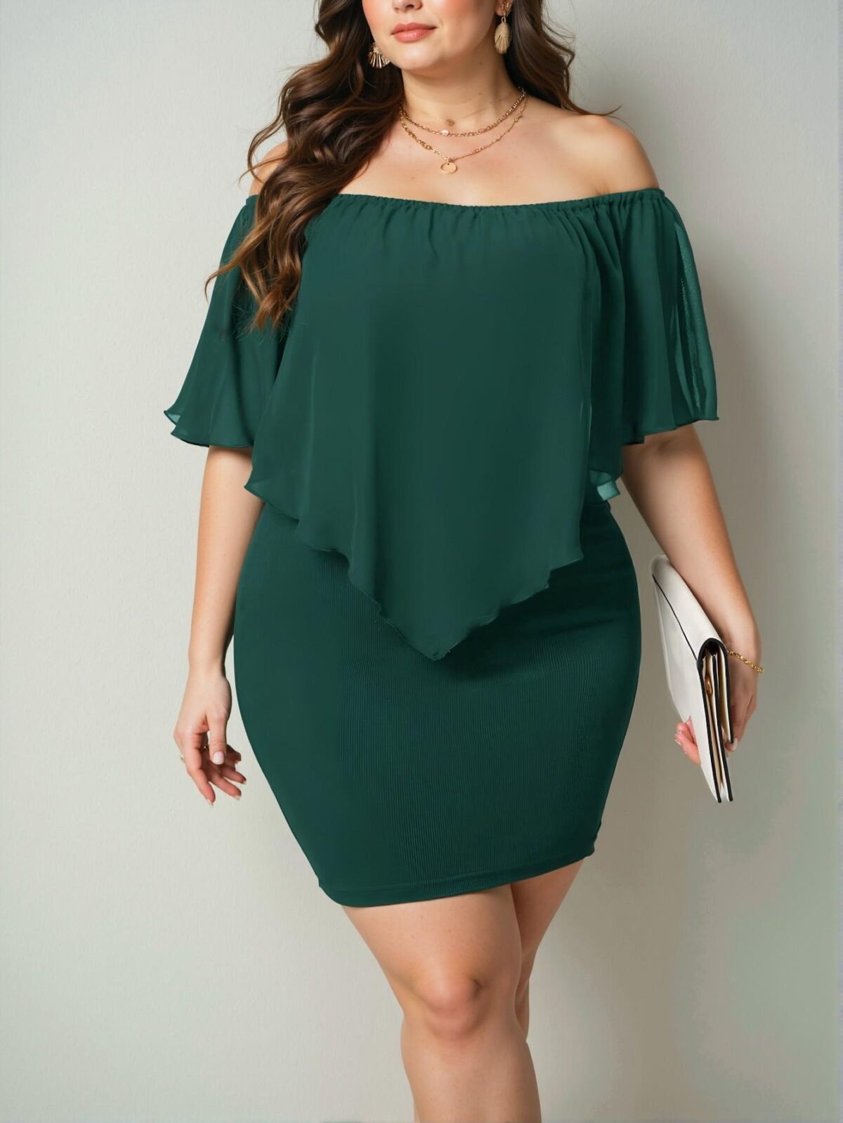 Elegant Dark Green Off-Shoulder Bodycon Dress with Ruffles and Zipper – Chic, Classy and Trendy Fashion Style to Dress to Impress - Image 3