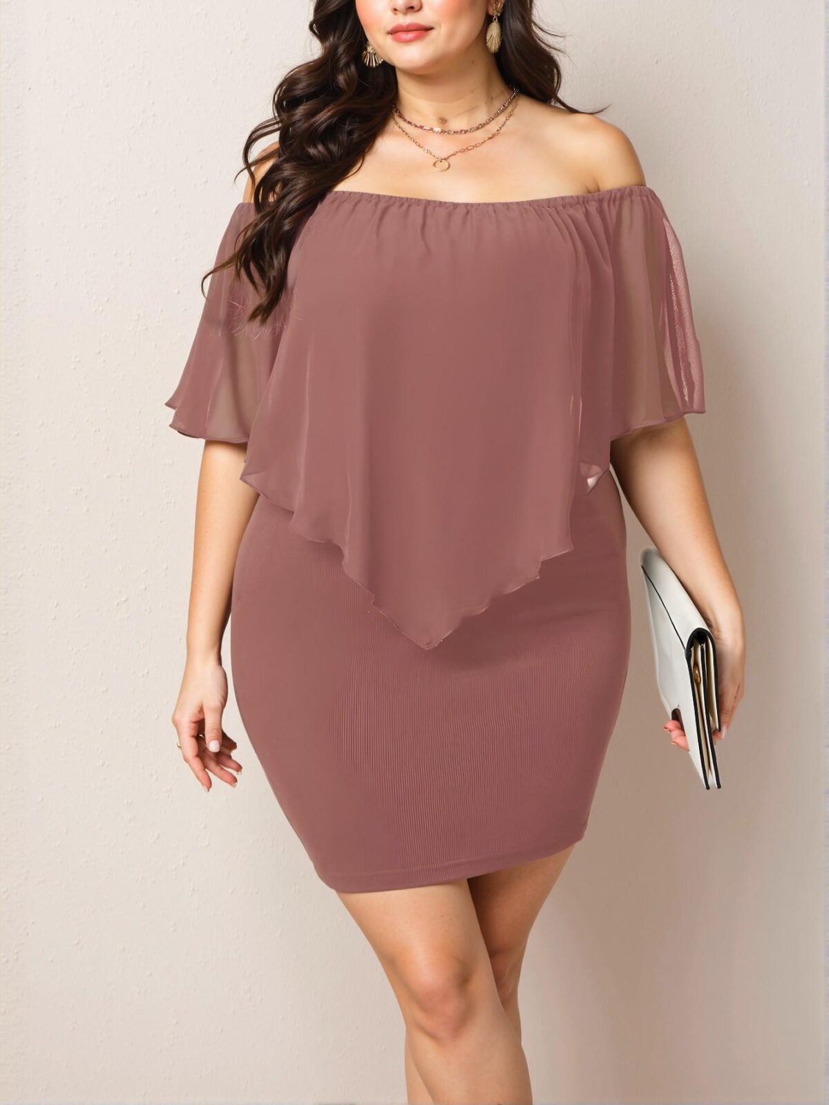 Elegant Redwood Off Shoulder Bodycon Dress with Ruffle Details for a Chic, Classy and Trendy Fashion Style to Dress to Impress - Image 3
