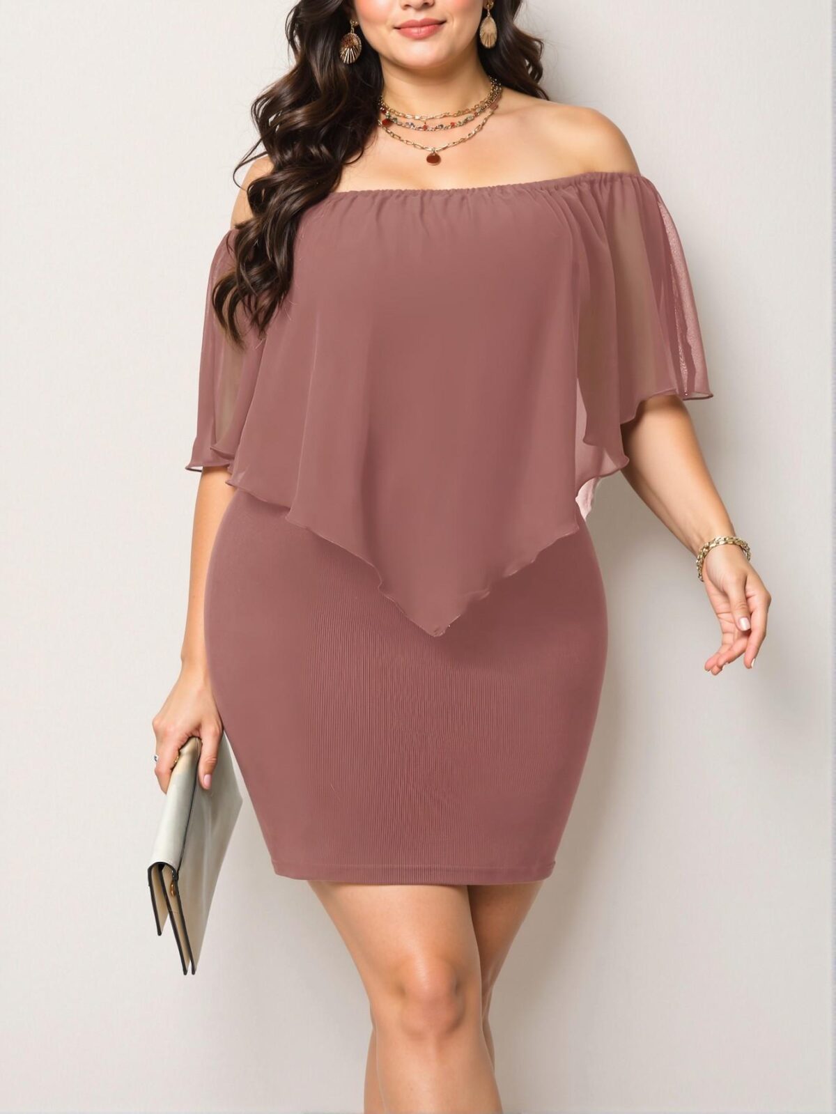 Elegant Redwood Off Shoulder Bodycon Dress with Ruffle Details for a Chic, Classy and Trendy Fashion Style to Dress to Impress - Image 5