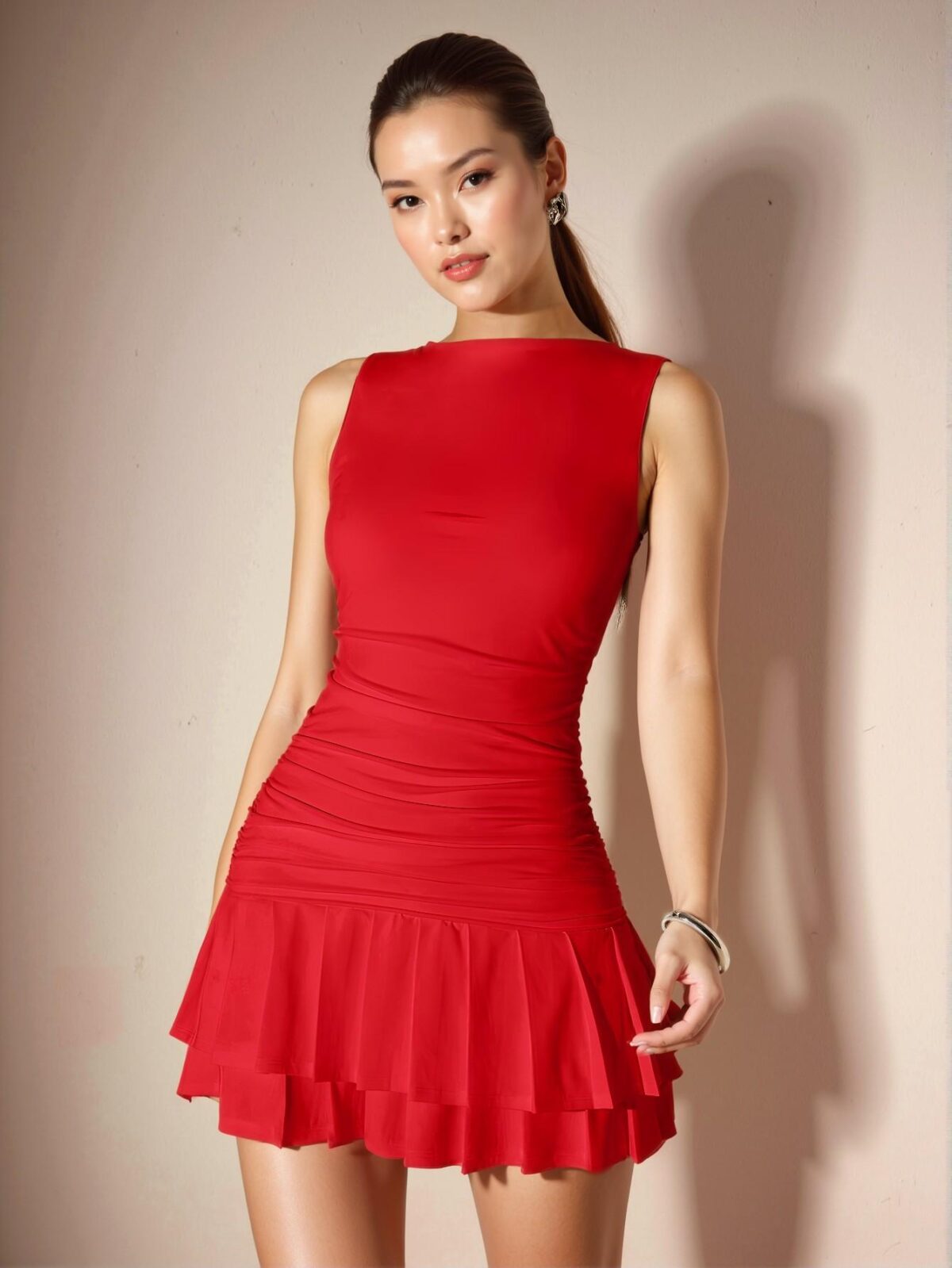 Elegant Red Bodycon Mini Dress with Tiered Layer and Ruched Detailing for All Seasons - Chic, Classy, and Trendy Fashion Style to Dress to Impress - Image 3