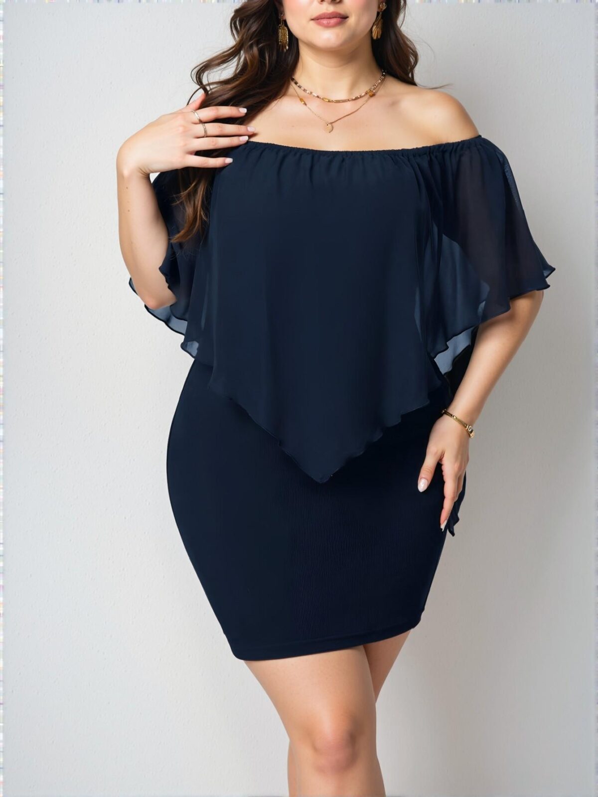 Elegant Navy Blue Ruffle Off Shoulder Bodycon Dress for a Chic, Classy and Trendy Fashion Style to Dress to Impress. - Image 4