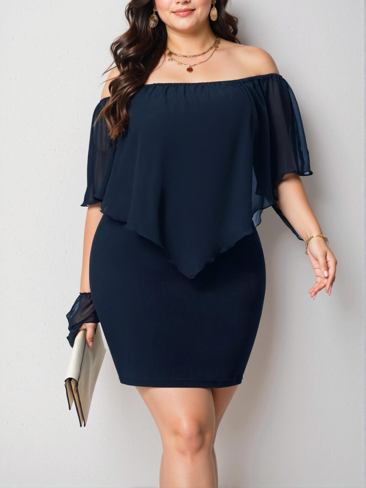 Elegant Navy Blue Ruffle Off Shoulder Bodycon Dress for a Chic, Classy and Trendy Fashion Style to Dress to Impress. - Image 5