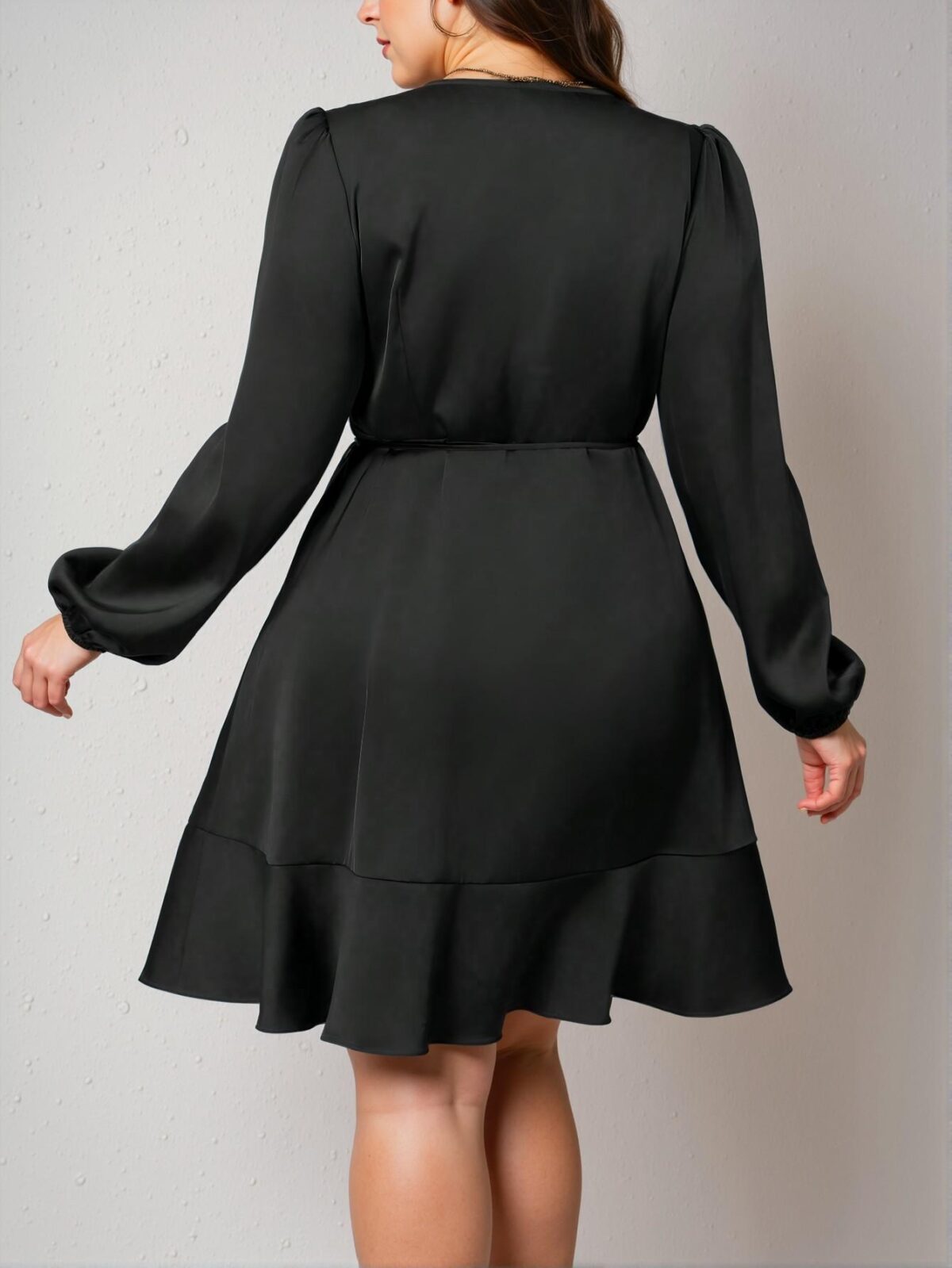 Elegant Black Overlapping V-Neck Lantern Sleeve High Waist Side Tied Satin Dress Chic, Classy and Trendy Fashion Style to Dress to Impress - Image 2