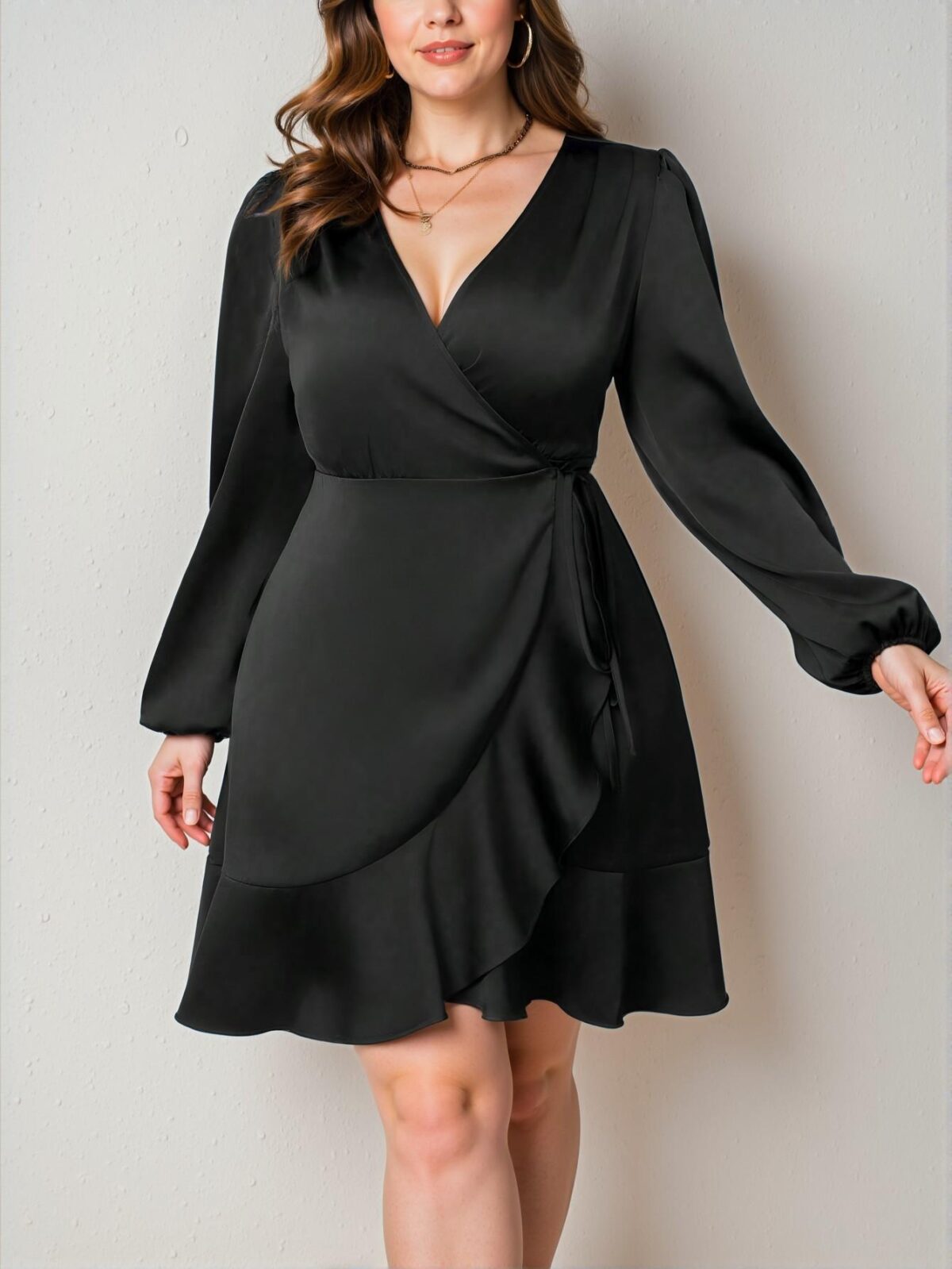 Elegant Black Overlapping V-Neck Lantern Sleeve High Waist Side Tied Satin Dress Chic, Classy and Trendy Fashion Style to Dress to Impress - Image 4
