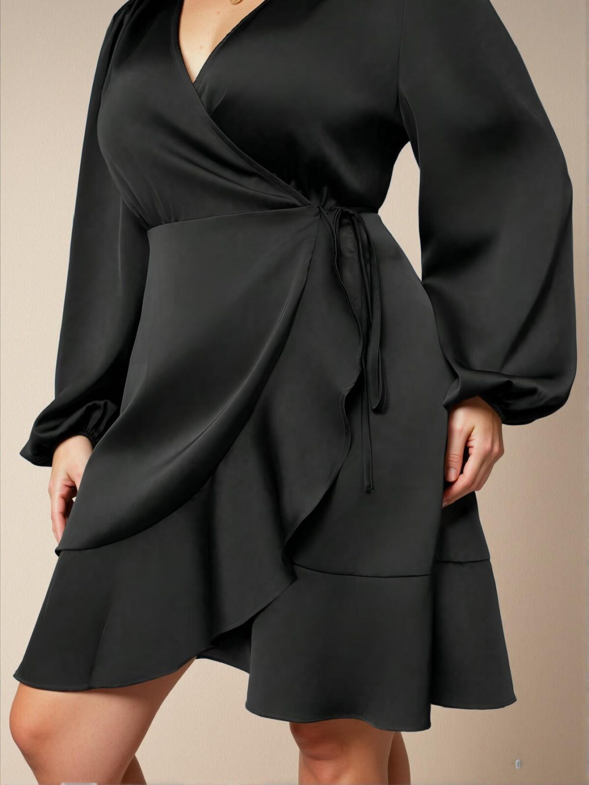 Elegant Black Overlapping V-Neck Lantern Sleeve High Waist Side Tied Satin Dress Chic, Classy and Trendy Fashion Style to Dress to Impress - Image 5