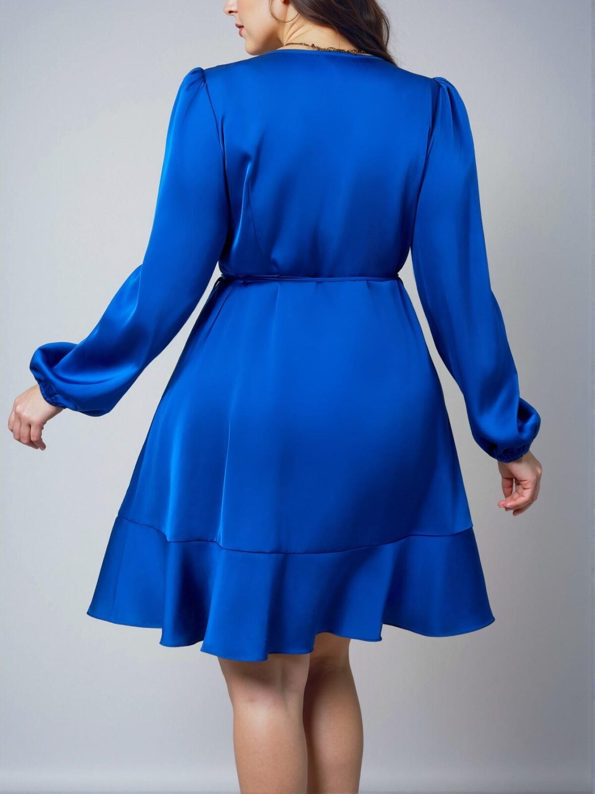 Elegant Blue Midi A-Line Wrap Dress with Lantern Sleeves and Tie Detail - Chic, Classy and Trendy Fashion Style to Dress to Impress - Image 2
