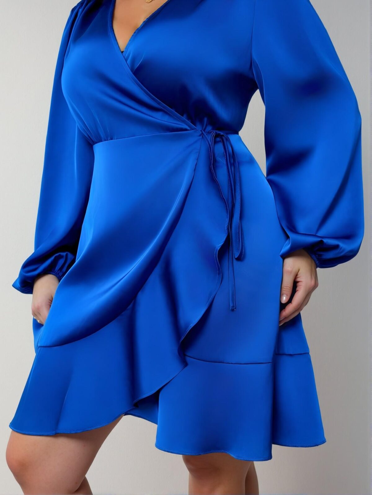 Elegant Blue Midi A-Line Wrap Dress with Lantern Sleeves and Tie Detail - Chic, Classy and Trendy Fashion Style to Dress to Impress - Image 3