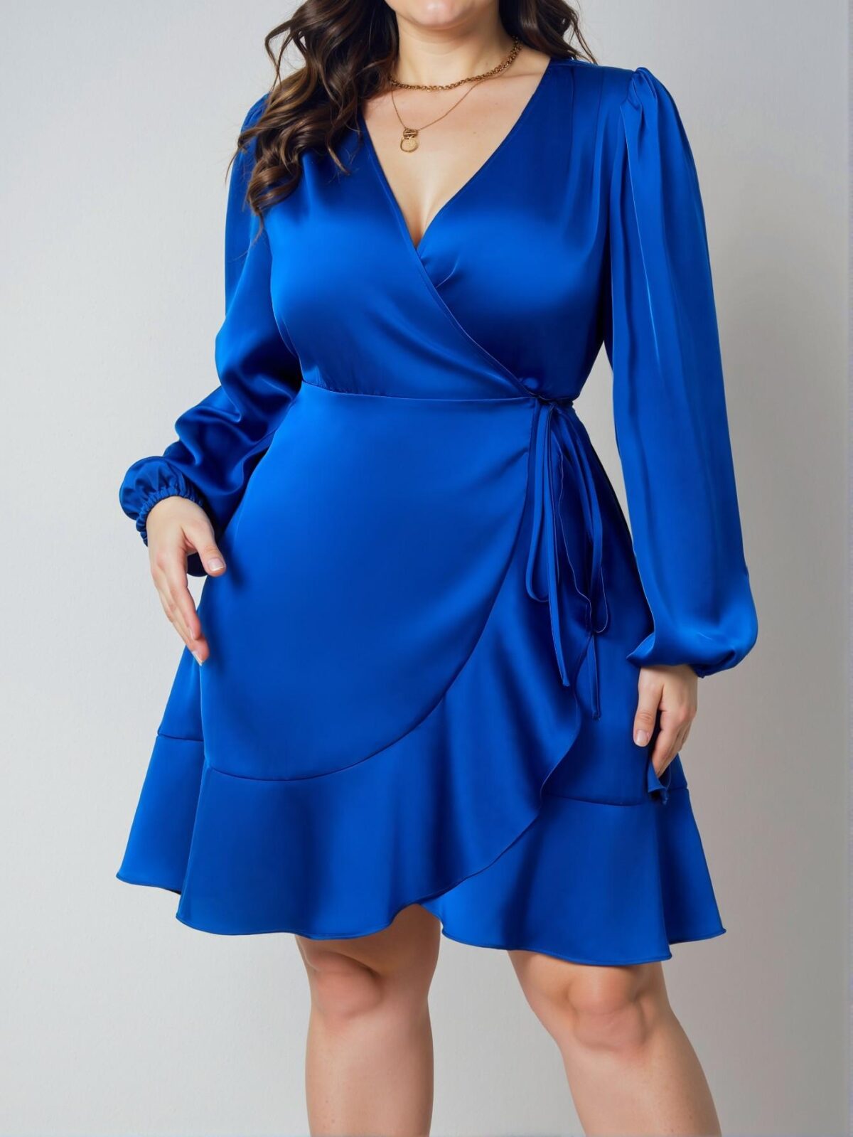 Elegant Blue Midi A-Line Wrap Dress with Lantern Sleeves and Tie Detail - Chic, Classy and Trendy Fashion Style to Dress to Impress - Image 4