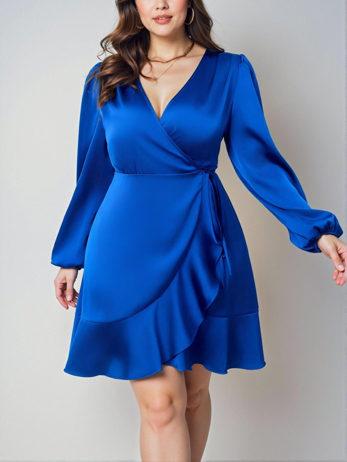 Elegant Blue Midi A-Line Wrap Dress with Lantern Sleeves and Tie Detail - Chic, Classy and Trendy Fashion Style to Dress to Impress - Image 5