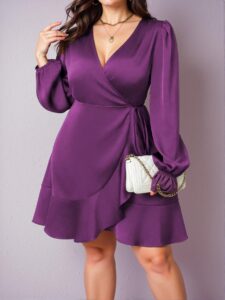 Elegant Purple Plus Size Women's Solid Color Bishop Sleeve Side Tie Satin Wrap Dress - Chic, Classy and Trendy Fashion Style to Dress to Impress