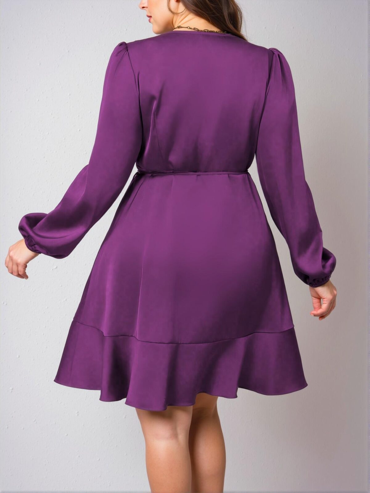 Elegant Purple Plus Size Women's Solid Color Bishop Sleeve Side Tie Satin Wrap Dress - Chic, Classy and Trendy Fashion Style to Dress to Impress - Image 2