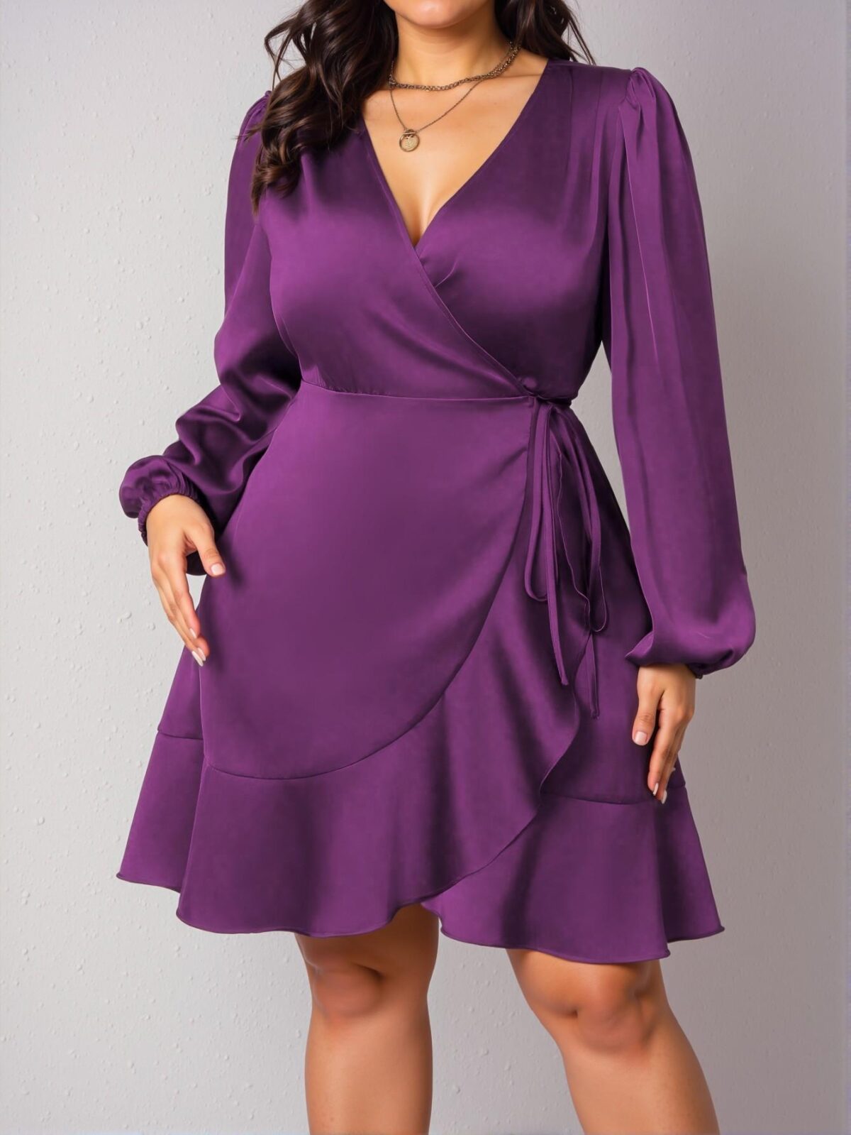 Elegant Purple Plus Size Women's Solid Color Bishop Sleeve Side Tie Satin Wrap Dress - Chic, Classy and Trendy Fashion Style to Dress to Impress - Image 3