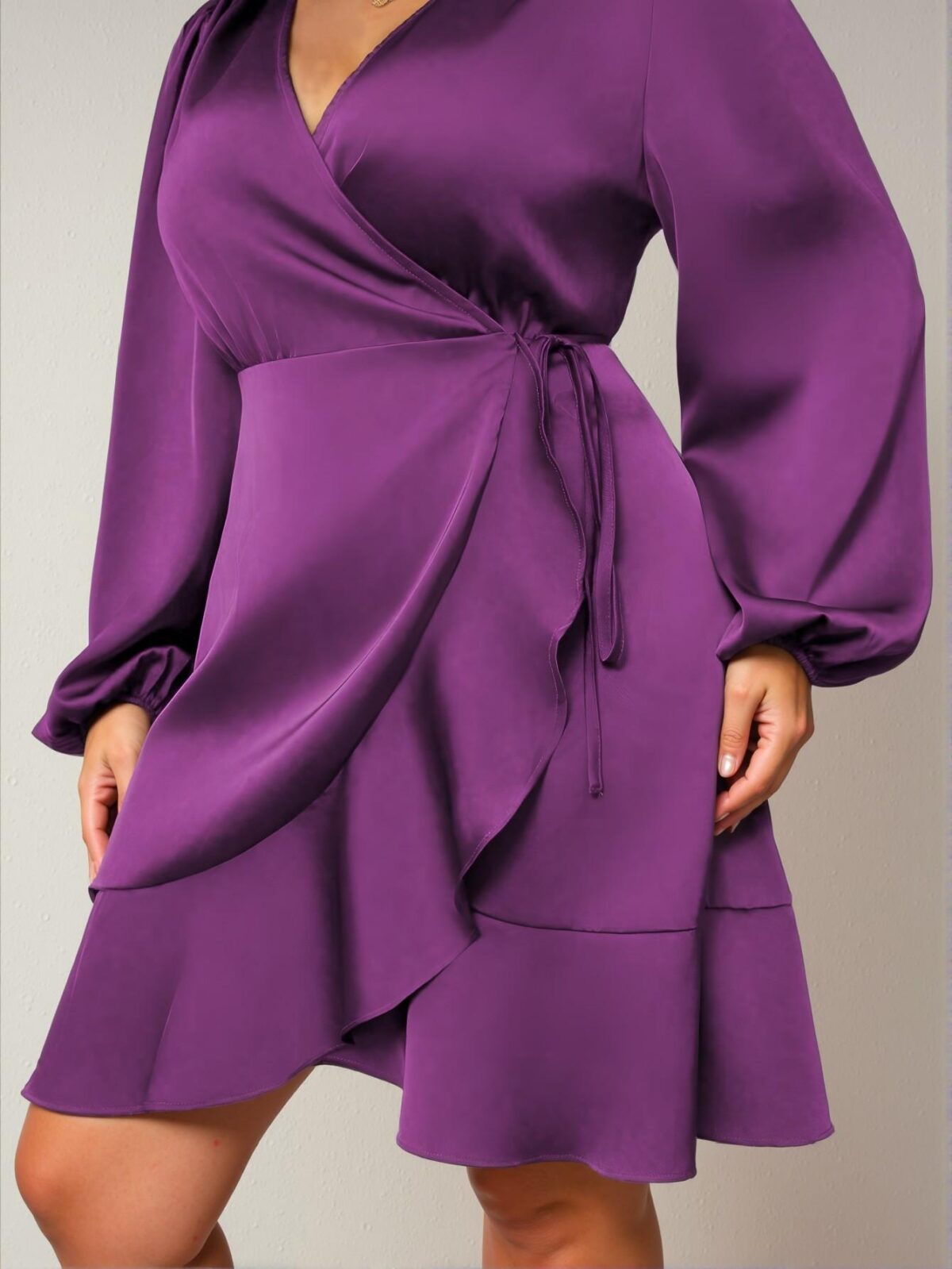 Elegant Purple Plus Size Women's Solid Color Bishop Sleeve Side Tie Satin Wrap Dress - Chic, Classy and Trendy Fashion Style to Dress to Impress - Image 4