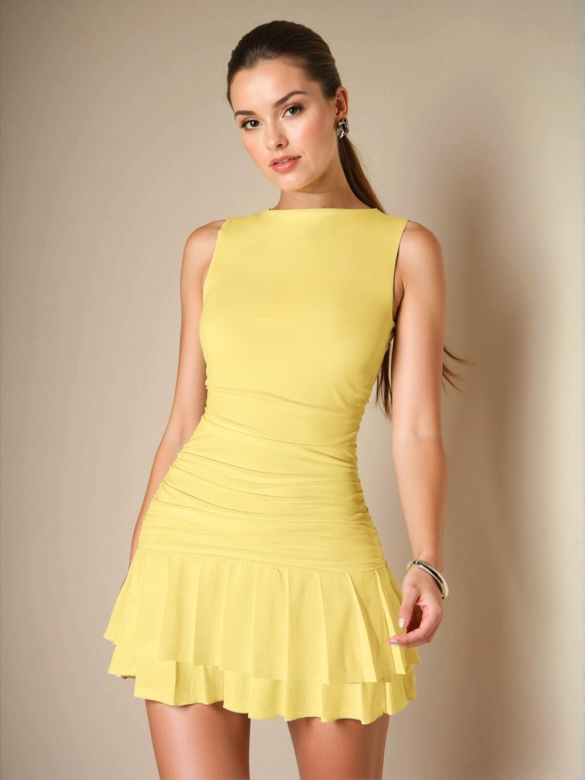 Elegant Yellow Sleeveless Ruched Mini Dress with Tight-Fitted Layered Bodycon Design for All Seasons and Business Casual Occasions - Chic, Classy and Trendy Fashion Style to Dress to Impress - Image 5
