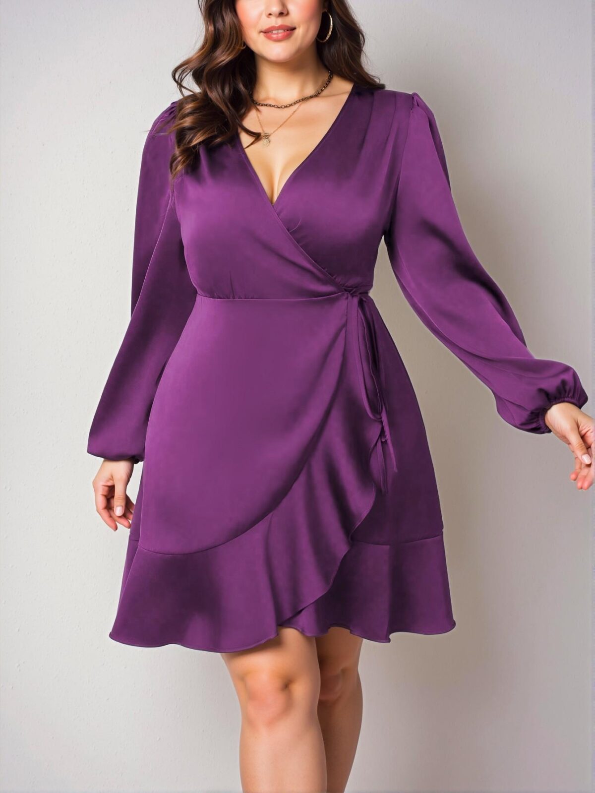 Elegant Purple Plus Size Women's Solid Color Bishop Sleeve Side Tie Satin Wrap Dress - Chic, Classy and Trendy Fashion Style to Dress to Impress - Image 5