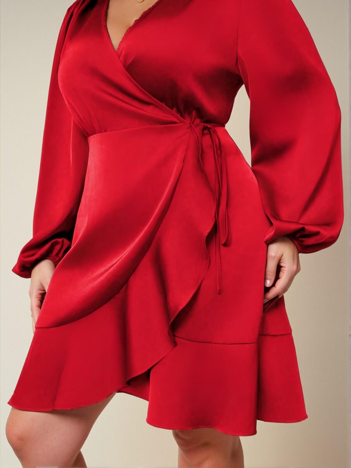 Elegant Red A-Line Long Sleeve Dress with Lantern Sleeves and Side Tie for New Year Celebrations - Chic, Classy and Trendy Fashion Style to Dress to Impress - Image 4