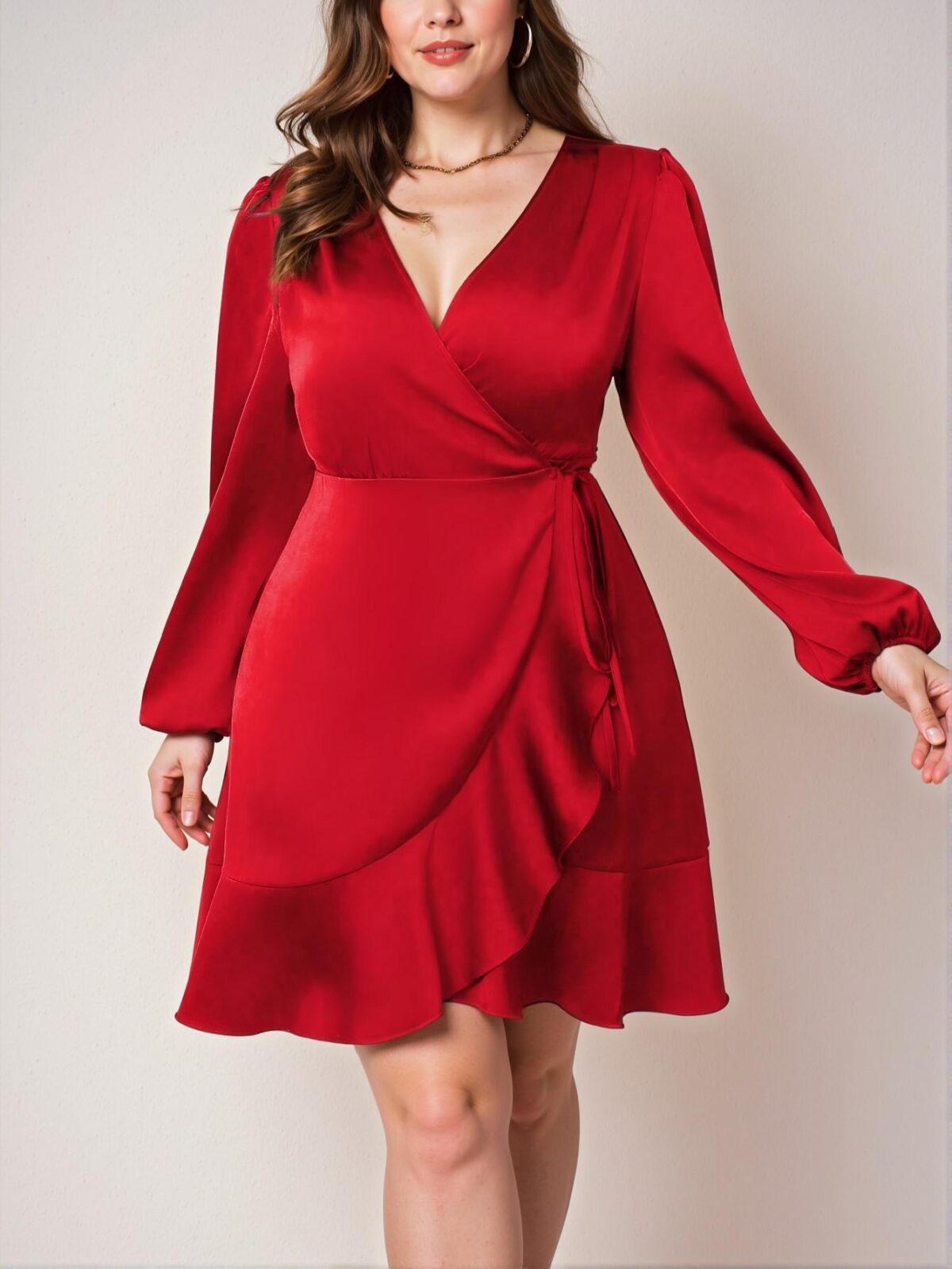 Elegant Red A-Line Long Sleeve Dress with Lantern Sleeves and Side Tie for New Year Celebrations - Chic, Classy and Trendy Fashion Style to Dress to Impress - Image 5