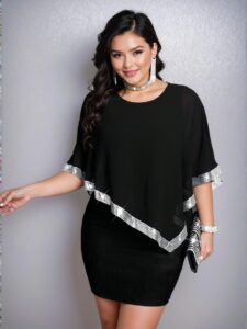 Elegant Black Pearl Chiffon Overlay with Sequin Trim and Batwing Sleeves - Effortlessly Stylish Party Dress for Summer Events, Chic, Classy, and Trendy Fashion Style to Dress to Impress