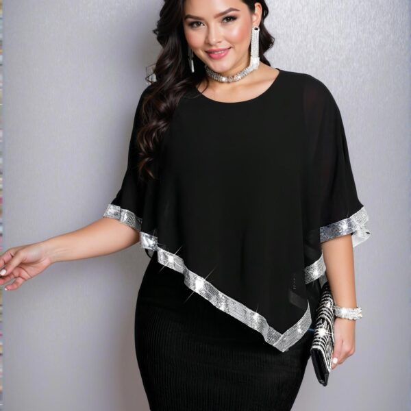 Elegant Black Pearl Chiffon Overlay with Sequin Trim and Batwing Sleeves - Effortlessly Stylish Party Dress for Summer Events, Chic, Classy, and Trendy Fashion Style to Dress to Impress