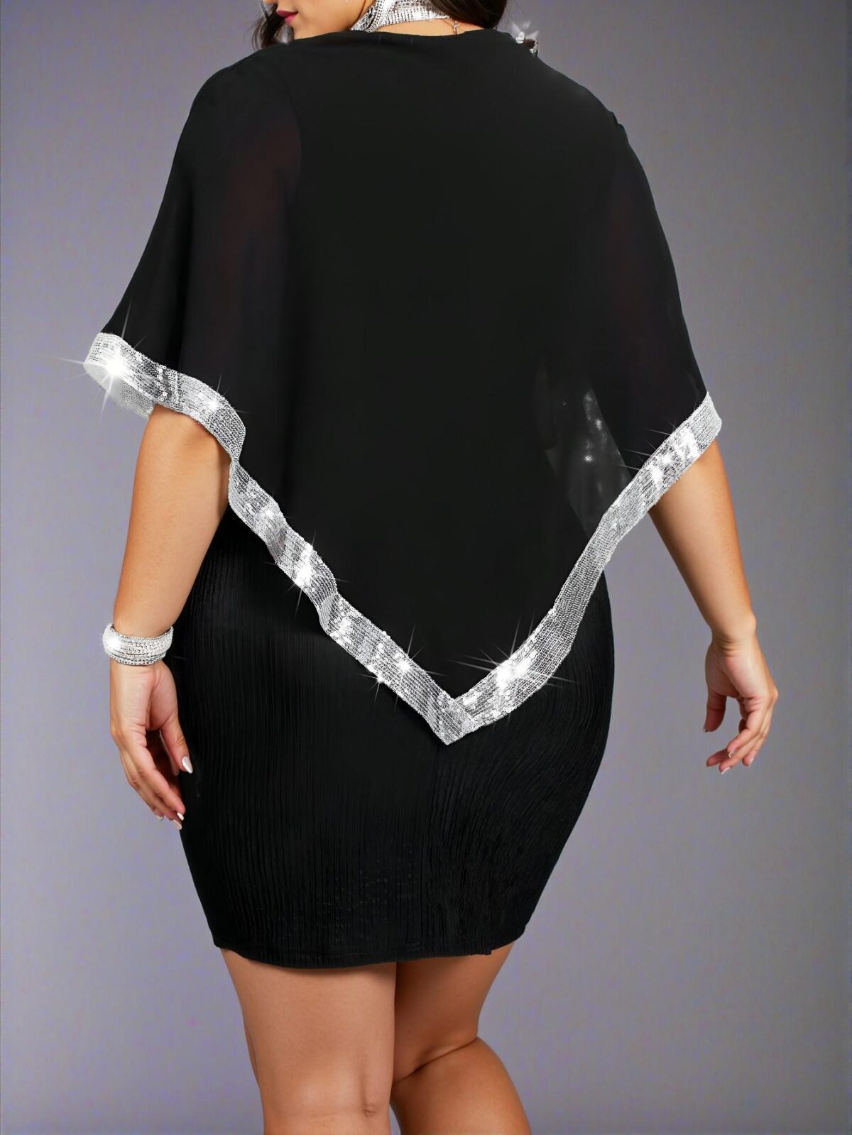 Elegant Black Pearl Chiffon Overlay with Sequin Trim and Batwing Sleeves - Effortlessly Stylish Party Dress for Summer Events, Chic, Classy, and Trendy Fashion Style to Dress to Impress - Image 2