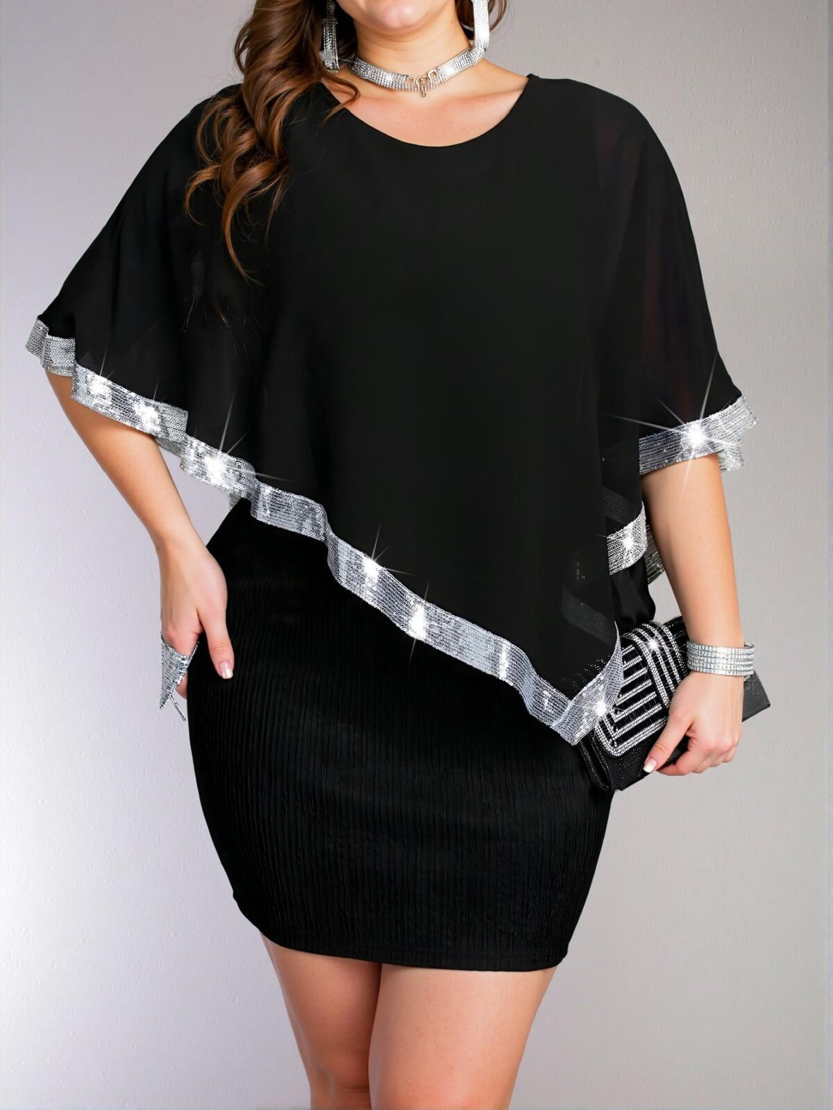 Elegant Black Pearl Chiffon Overlay with Sequin Trim and Batwing Sleeves - Effortlessly Stylish Party Dress for Summer Events, Chic, Classy, and Trendy Fashion Style to Dress to Impress - Image 3