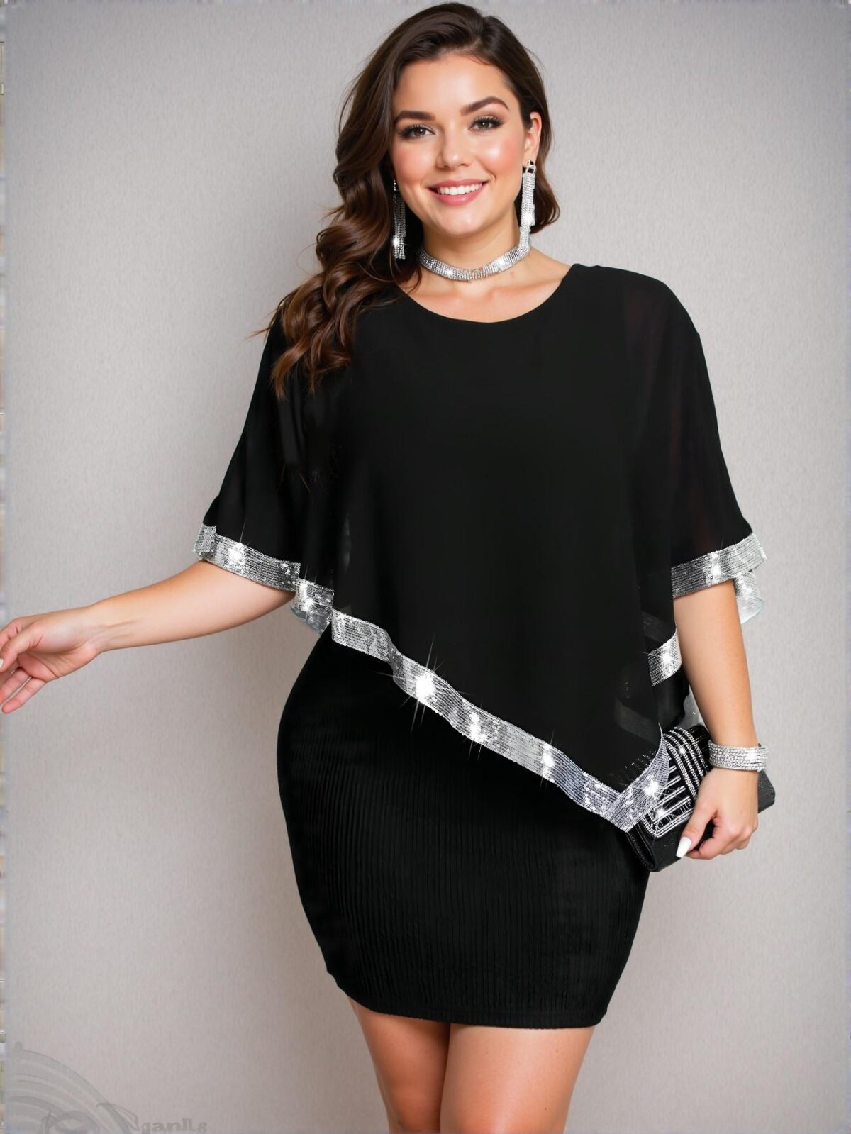Elegant Black Pearl Chiffon Overlay with Sequin Trim and Batwing Sleeves - Effortlessly Stylish Party Dress for Summer Events, Chic, Classy, and Trendy Fashion Style to Dress to Impress - Image 4
