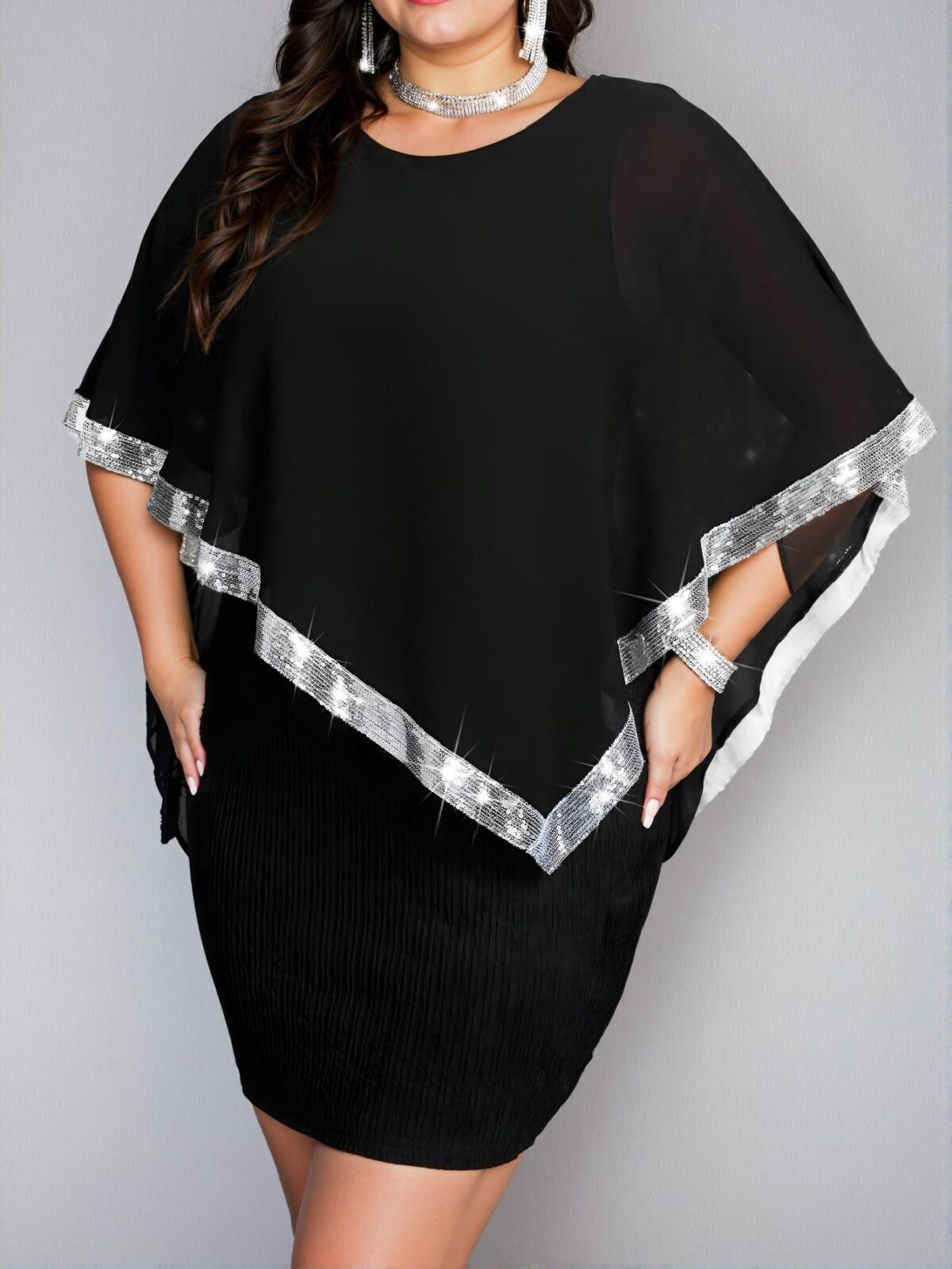 Elegant Black Pearl Chiffon Overlay with Sequin Trim and Batwing Sleeves - Effortlessly Stylish Party Dress for Summer Events, Chic, Classy, and Trendy Fashion Style to Dress to Impress - Image 5