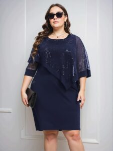 Elegant Navy Blue Cloak Sleeve Sequin Dress Chic, Classy and Trendy Fashion Style to Dress to Impress
