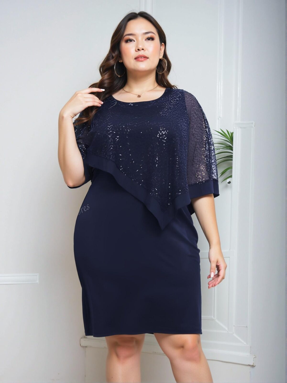 Elegant Navy Blue Cloak Sleeve Sequin Dress Chic, Classy and Trendy Fashion Style to Dress to Impress - Image 5