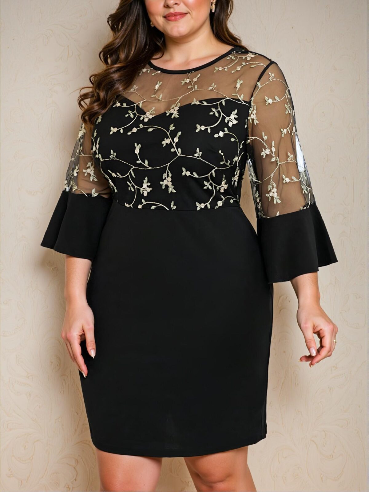 Elegant Multicolor Floral Embroidery Mesh Insert Bodycon Dress Perfect for Autumn and Winter Events - Chic, Classy and Trendy Fashion Style to Dress to Impress