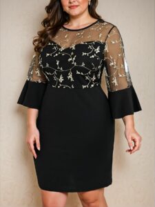 Elegant Multicolor Floral Embroidery Mesh Insert Bodycon Dress Perfect for Autumn and Winter Events - Chic, Classy and Trendy Fashion Style to Dress to Impress