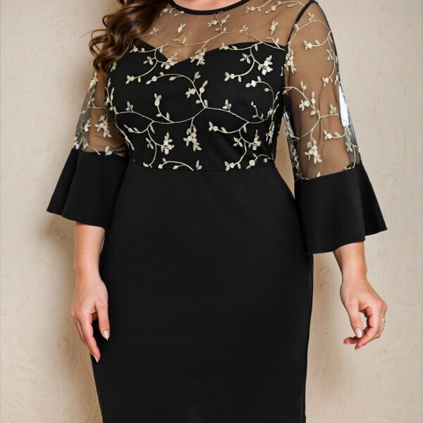 Elegant Multicolor Floral Embroidery Mesh Insert Bodycon Dress Perfect for Autumn and Winter Events - Chic, Classy and Trendy Fashion Style to Dress to Impress