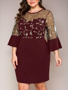 Elegant Burgundy Flared Sleeve Knit Floral Embroidery Dress - Chic, Classy and Trendy Fashion Style to Dress to Impress