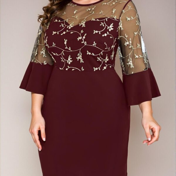 Elegant Burgundy Flared Sleeve Knit Floral Embroidery Dress - Chic, Classy and Trendy Fashion Style to Dress to Impress
