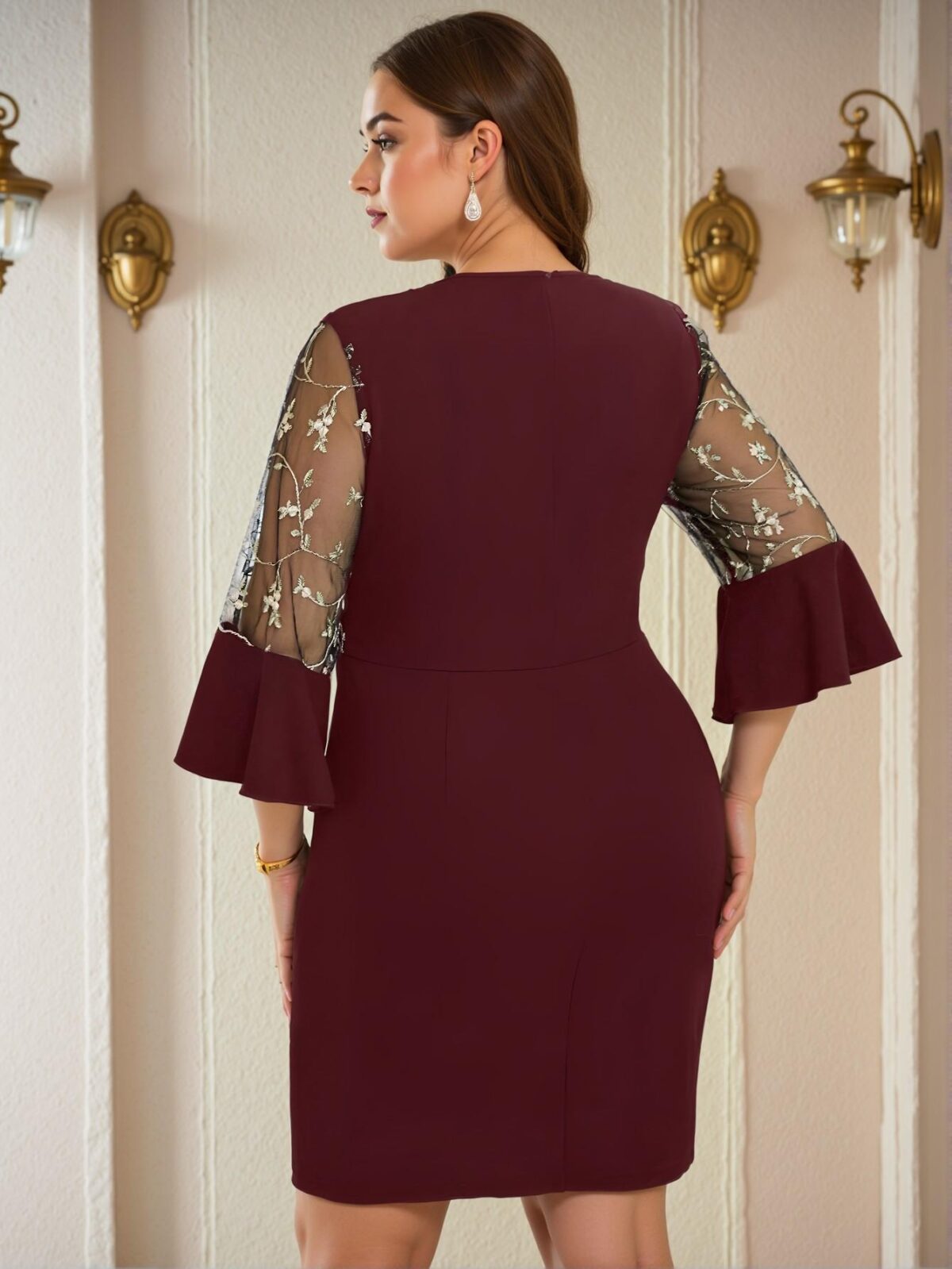 Elegant Burgundy Flared Sleeve Knit Floral Embroidery Dress - Chic, Classy and Trendy Fashion Style to Dress to Impress - Image 2