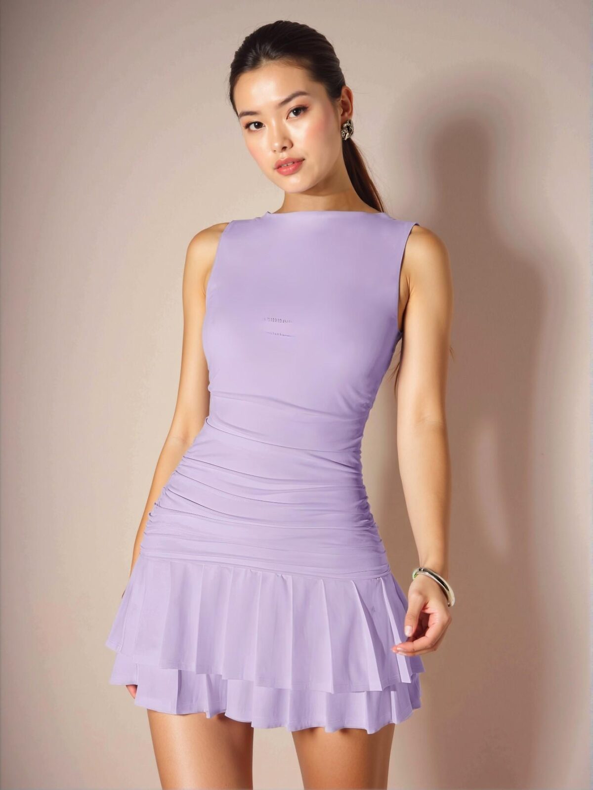 Elegant Mauve Purple Sophisticated Sleeveless Bodycon Ruched Mini Dress with Tiered Layer for Spring and Summer - Chic, Classy, and Trendy Fashion Style to Dress to Impress - Image 3