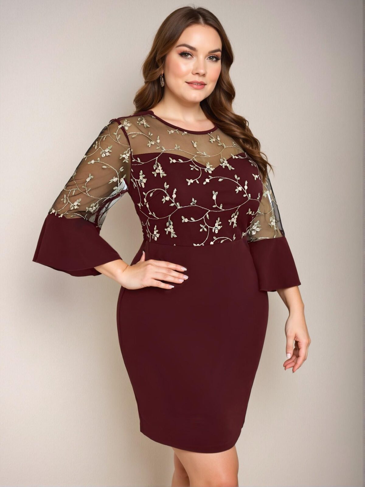 Elegant Burgundy Flared Sleeve Knit Floral Embroidery Dress - Chic, Classy and Trendy Fashion Style to Dress to Impress - Image 5