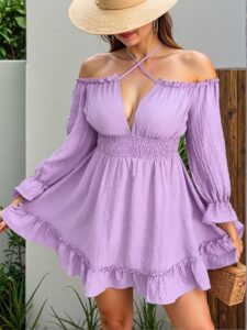 Elegant Mauve Purple Boho Cold Shoulder Long Sleeve Tie Waist Dress for Holidays - Chic, Classy and Trendy Fashion Style to Dress to Impress