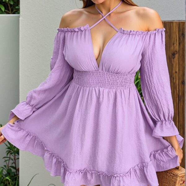 Elegant Mauve Purple Boho Cold Shoulder Long Sleeve Tie Waist Dress for Holidays - Chic, Classy and Trendy Fashion Style to Dress to Impress